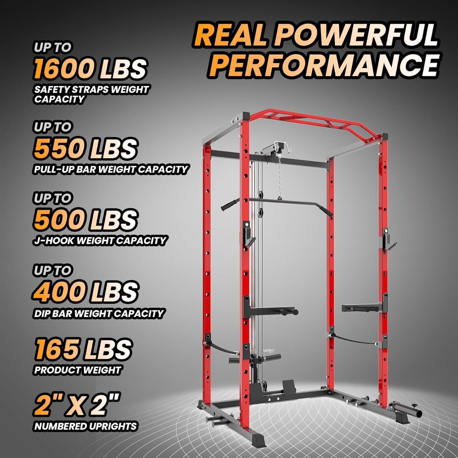 Hetoy 1600 Lbs Power Rack for Home Gym Squat Rack with Cable Pulley System & LAT Pull Down Workout Cage Strength Training Weight Cage with Dip Bar & J Hooks for Multiple Exercises,Red