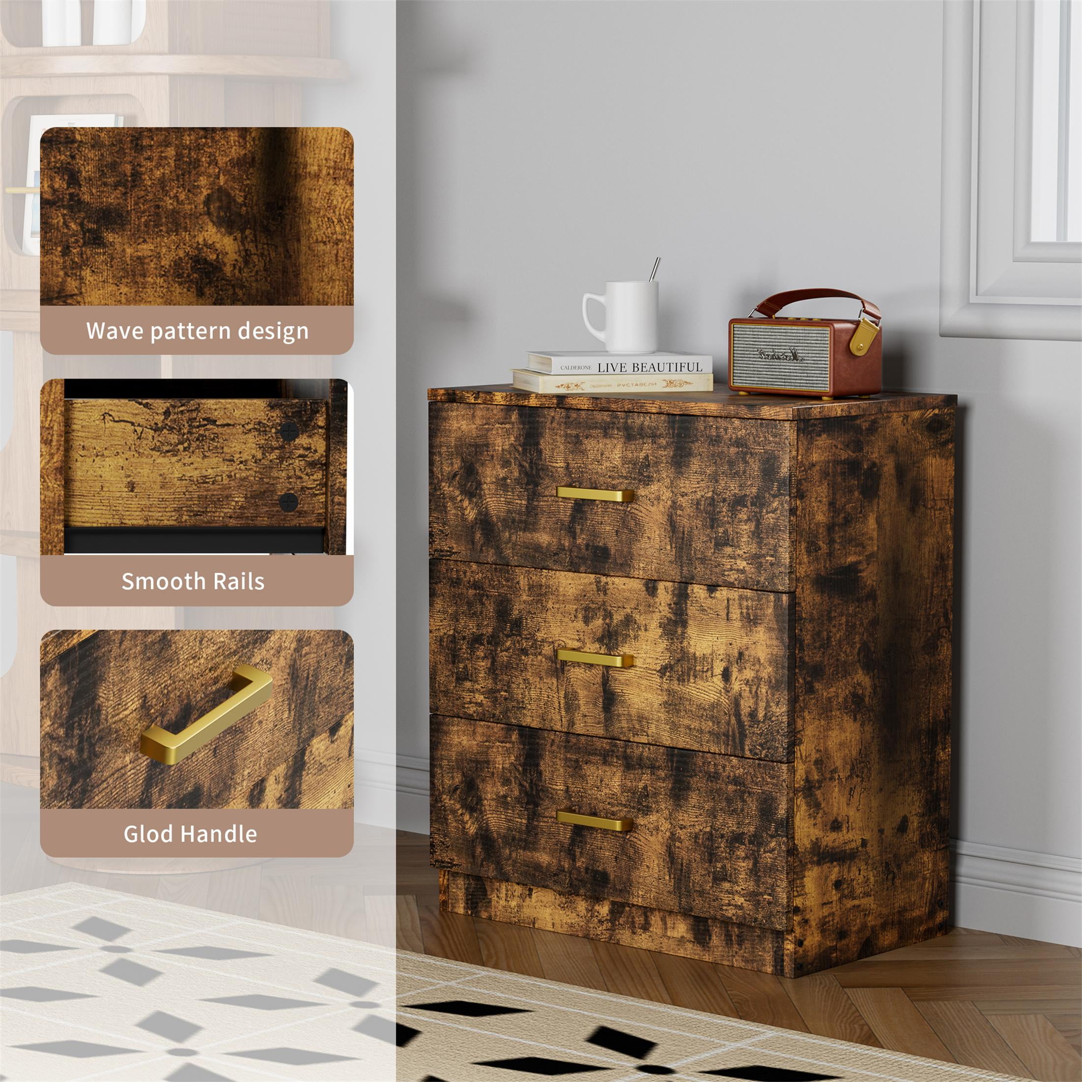 UHOMEPRO Nightstand, Modern 3 Drawer Nightstand, Brown Nightstand with Gold Handle, Wooden Bedside Storage Cabinet Unit for Bedroom/Small Space