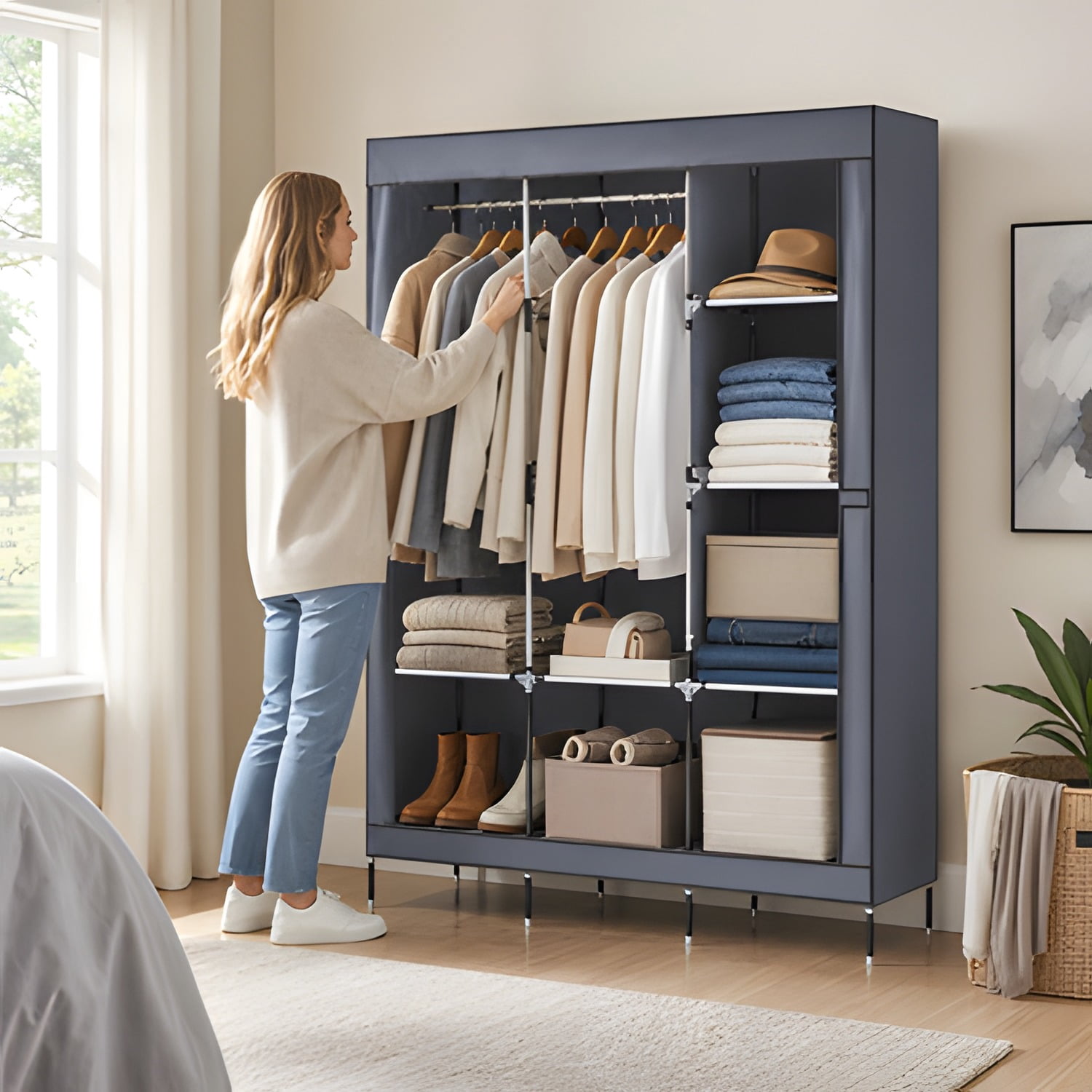 71" Portable Closet Wardrobe Clothes Rack Storage Organizer with Shelf Gray