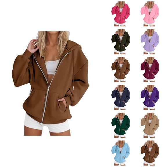 Plain Zip Up Hoodie for Women 2025 Fall Winter Long Sleeve Casual Solid Color Hooded Sweatshirt with Pockets Jacket Outerwear