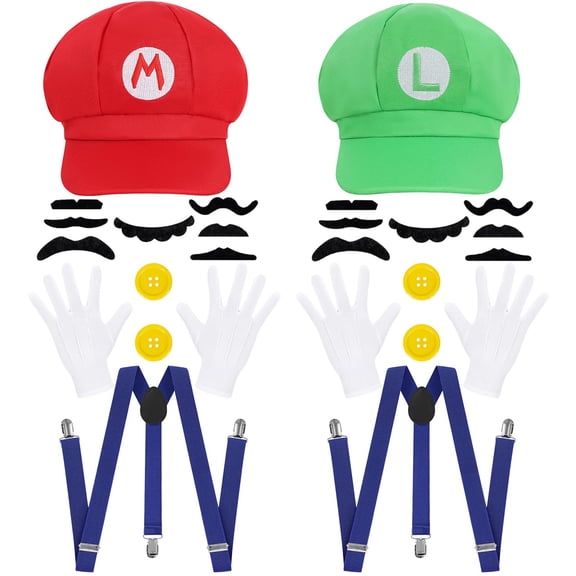 GOBWCOT Super Bros Costume Set with Hat, Mustache, Suspenders for Halloween, Instant Dress Up Kit for Cosplay & Christmas