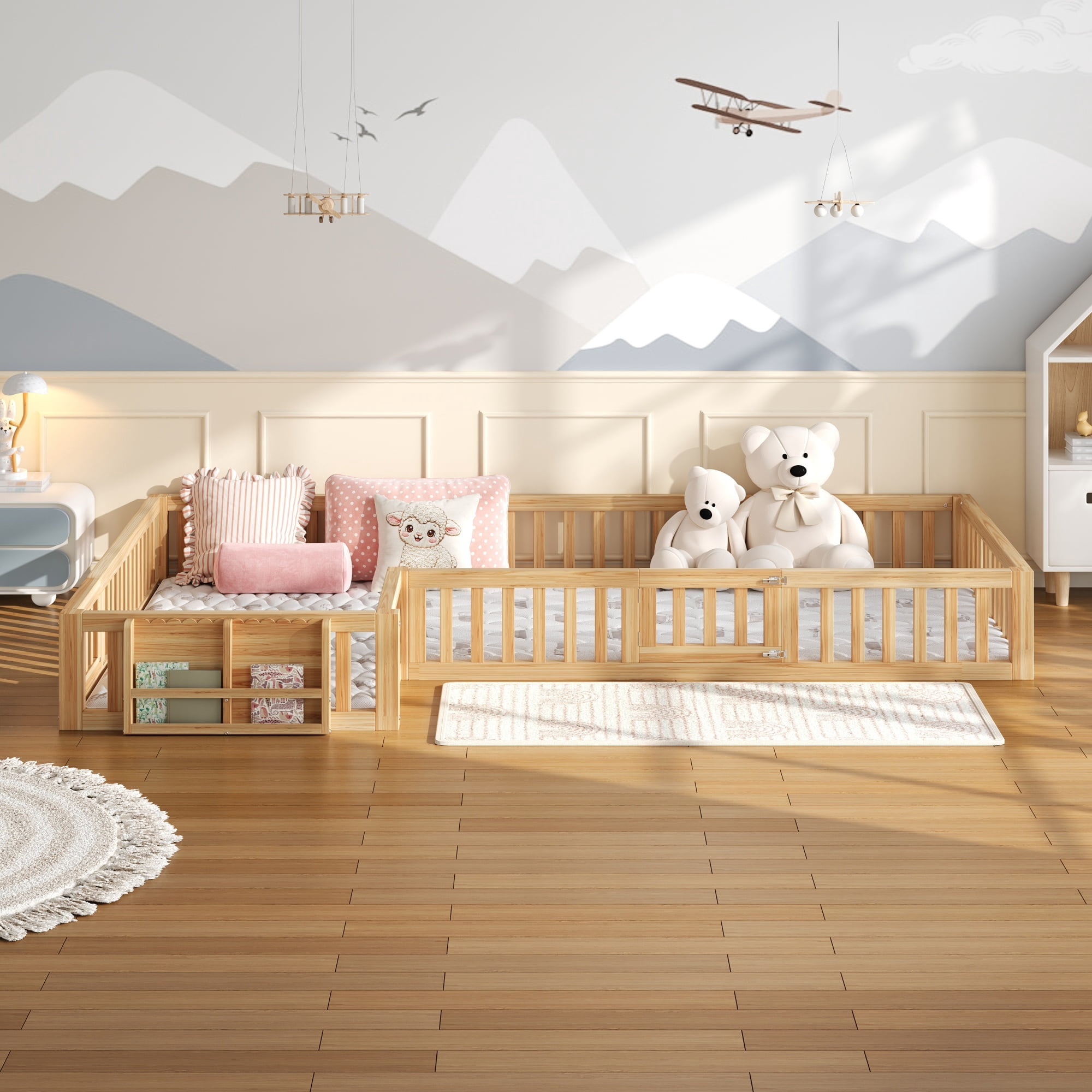 Euroco Twin and Full Size L-Shaped Platform Bed, Floor Bed with Full Guardrails and Storage, Natural