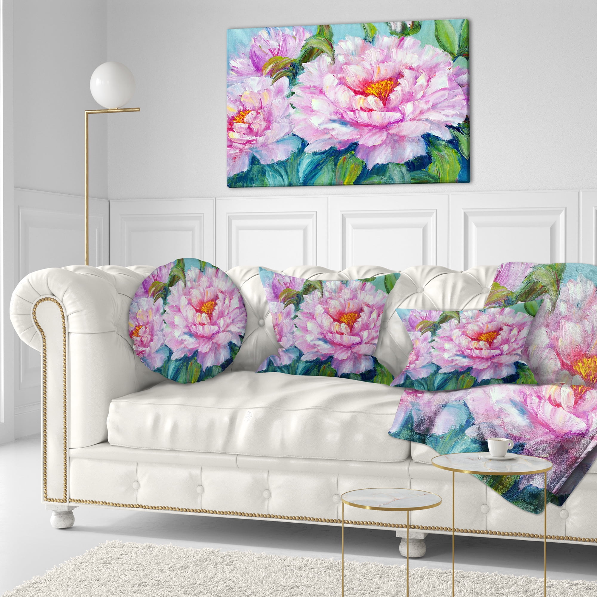 Designart Pink Peonies - Floral Throw Pillow - 12x20