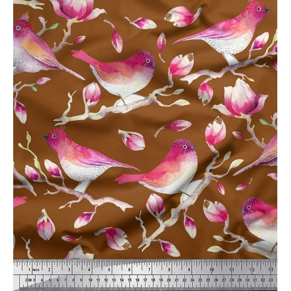 Soimoi Brown Poly Georgette Fabric Branch,Pink Floral & American Robin Bird Print Fabric by Yard 52 Inch Wide