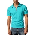 thumbnail image 2 of BRGZLK Men's Zipper Polo Shirts Summer Trendy Short Sleeve Soild Color Texture Tees Casual Classic Fit Knit Turn-Down Collar Golf Top Shirt Sky Blue M, 2 of 6
