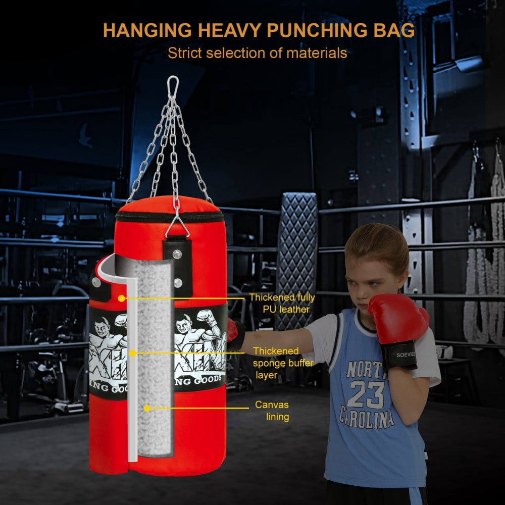 Kids Boxing Punching Bag Set - 2ft Leather Heavy Boxing Bag with Gloves & Bandage for Kids Children Youth Boxing, MMA, Home Gym & Martial Arts Training Equipment (Unfilled), Red