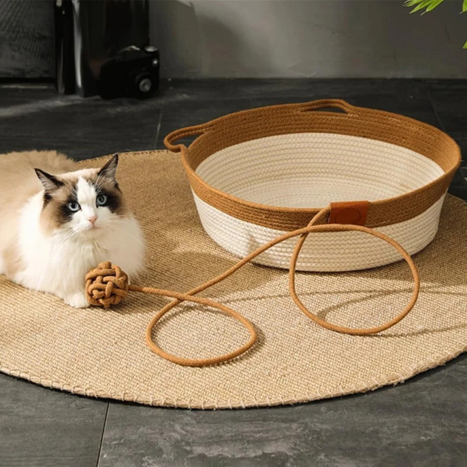Woven Cat Bed, Woven Rope Cat Bed with Cat Ears, All Season Breathable Pet Bed for Cats Small Dogs, Washable Round Basket Style Cat House, Grey