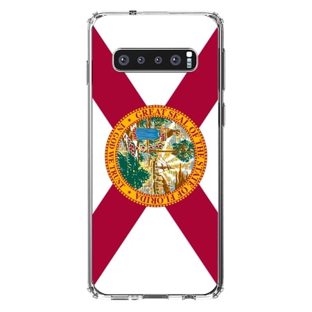 DistinctInk Clear Shockproof Hybrid Case for Samsung Galaxy S10 (6.1 Screen) - TPU Bumper Acrylic Back Tempered Glass Screen Protector - Florida State Flag - US State Flag
