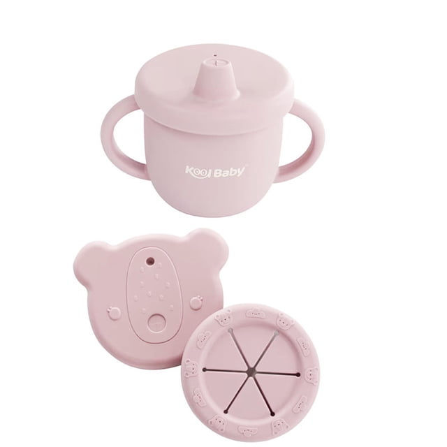taza de silicona kool baby con 3 tapas intercambiables mauve Taza entrenadora mauve de silicona con asas, vista frontal; vaso con tapa antiderrame colocada y logo Kool Baby visible, más dos tapas intercambiables debajo (una con boquilla blanda y otra con cierre flexible tipo ranura). Es ergonómica, libre de BPH y segura para lavavajillas y microondas; a menudo se usa también para transportar bebidas pequeñas en paseos.