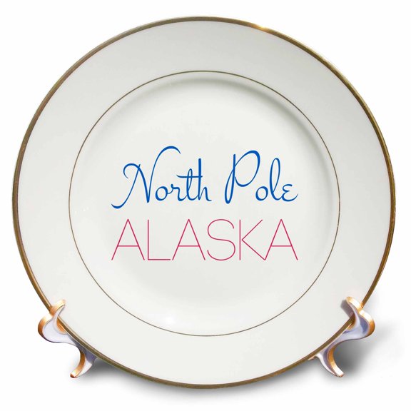 3dRose, North Pole, Alaska decorative text of blue, red colors on white, 8 inch Porcelain Plate