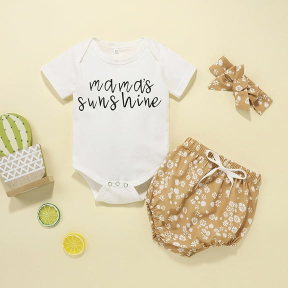 Baby Girl Clothes Cute Summer Outfits 3 6 12 18 Months Letter Print Short Sleeve Romper & Floral Shorts Sets (9-12 Months, White)