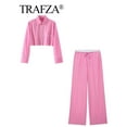 thumbnail image 2 of TRAFZA Ensemble Blouse et Pantalon à Rayures Roses pour Femmes, Chemise Courte à Manches Longues avec Boutons, Patchwork, Cordon de Serrage, Pantalon Droit, 2 of 5