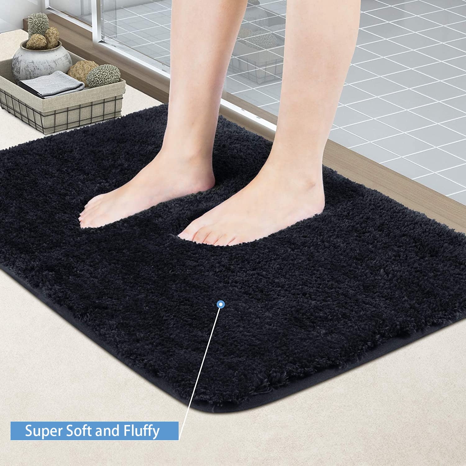 Large Black Bathroom Rugs, 16"×24" Absorbent Shaggy Shower Mat, Microfiber Bath Mats for Bathroom, Luxury Bathroom Floor Mats Rubber Back