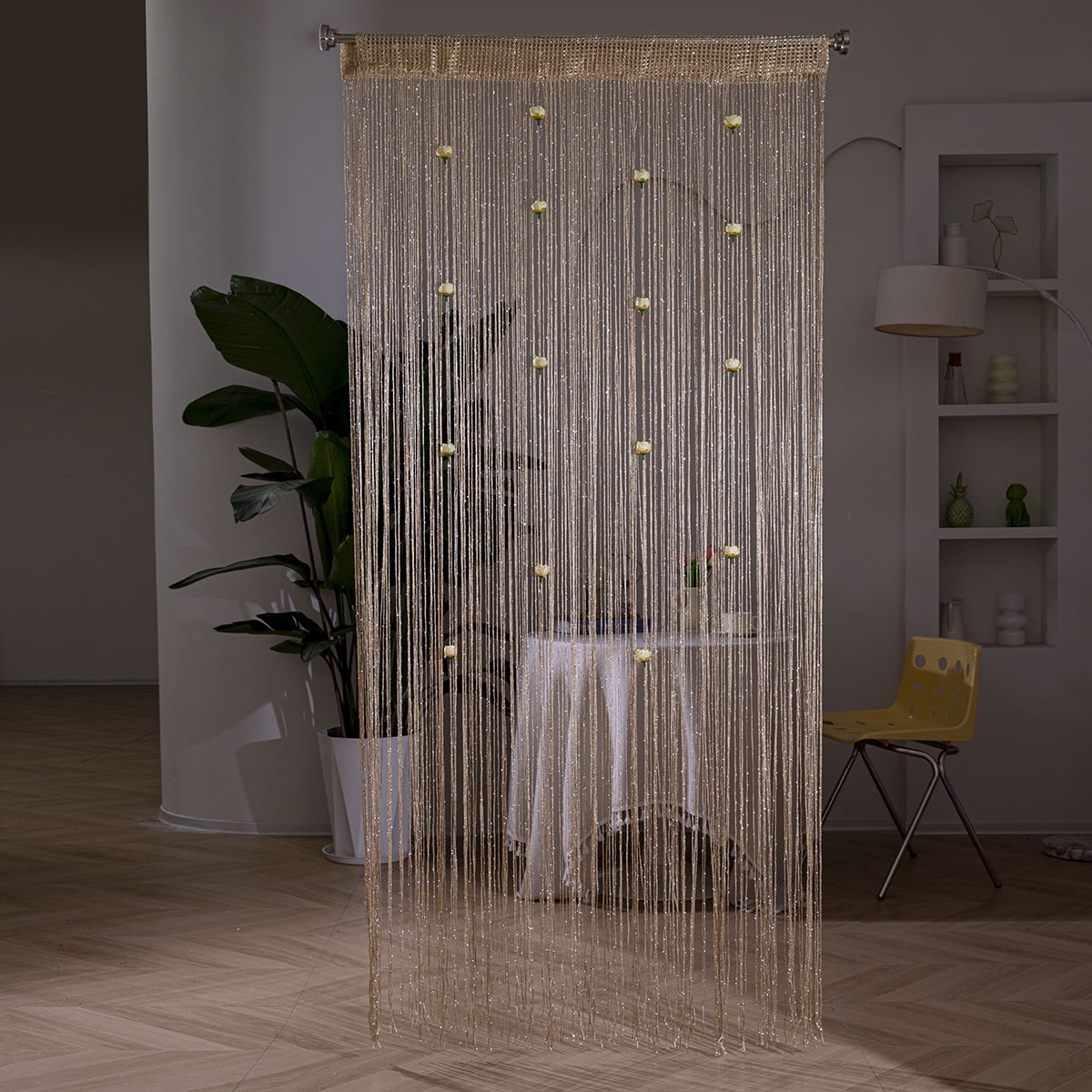 Rod‑Pocket Champagne Glitter String Curtain with Flower Beads Decorative