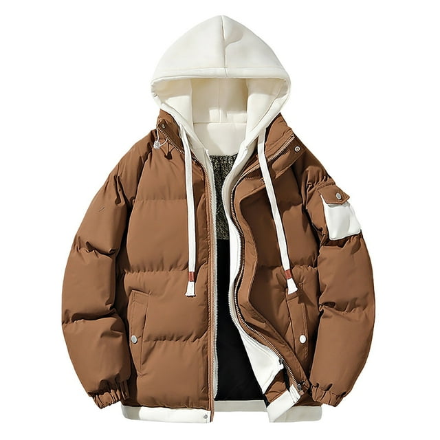 WRKEKC Men's Slim Fit Hooded Jacket with Drawstring Hem and Contrast Stitching, Urban Utility Coat for Modern Workwear Coffee L
