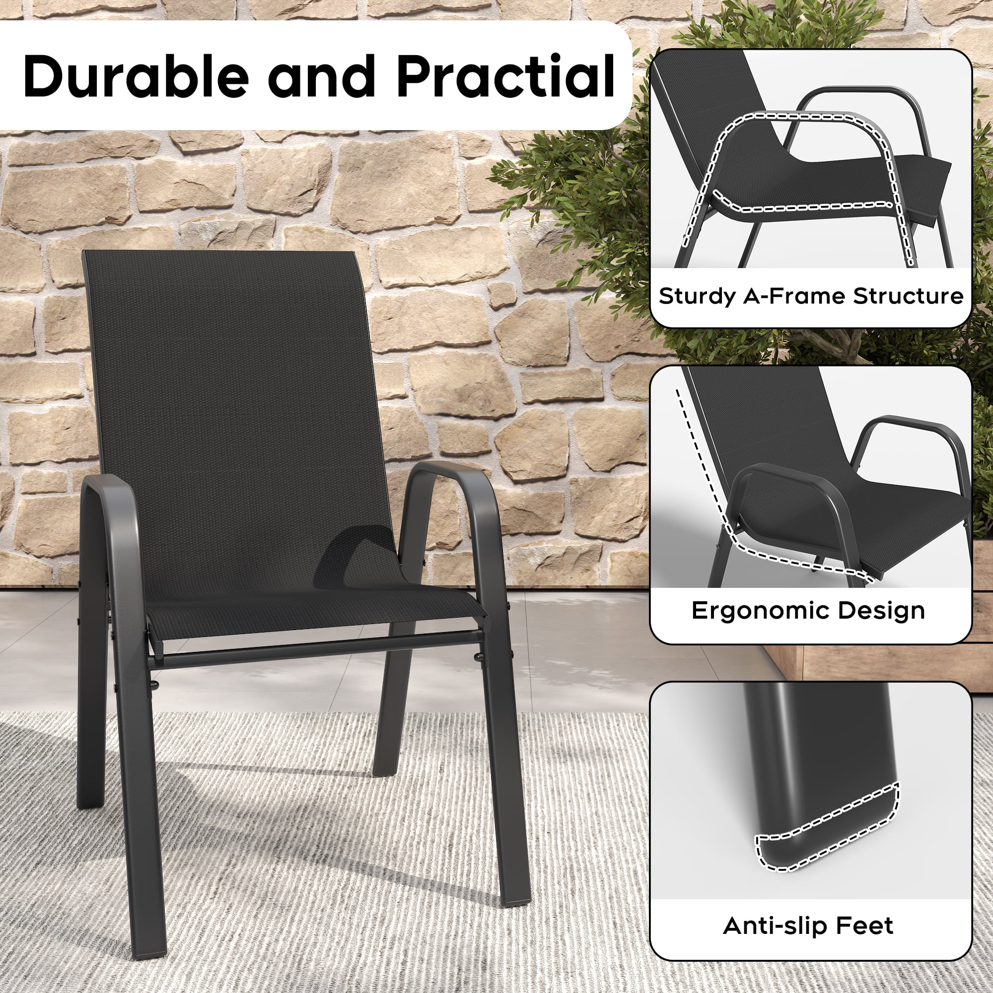 4-Piece Outdoor Dining Chair Set of 4 with Wide Ergonomic Seat, 350 lb Capacity Heavy Duty Metal Frame, Waterproof Teslin Fabric & Rust-Resistant for Patio Restaurant Banquet, Black