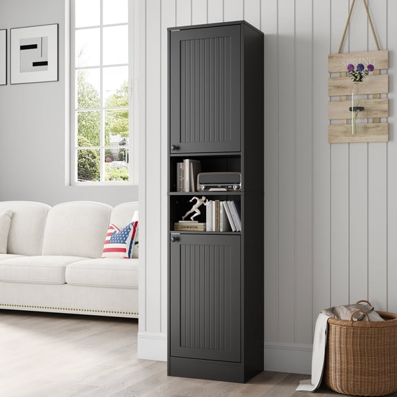 67" Tall Bathroom Cabinet with 2 Doors, Farmhouse Slim Freestanding Cabinet, Narrow Floor Storage Unit with Open Shelf and Adjustable Shelves for Bathroom, Living Room, Kitchen, Black
