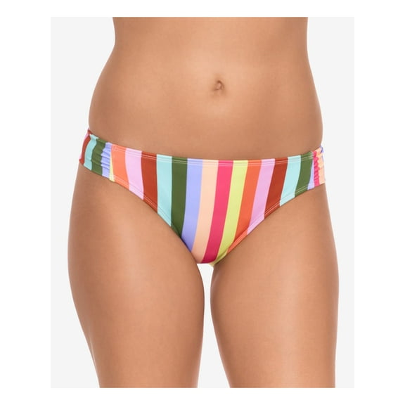 SALT COVE Women's Turquoise Multi-Stripe Stretch Shirred Tab Sides Lined Moderate Coverage Hipster Swimsuit Bottom M