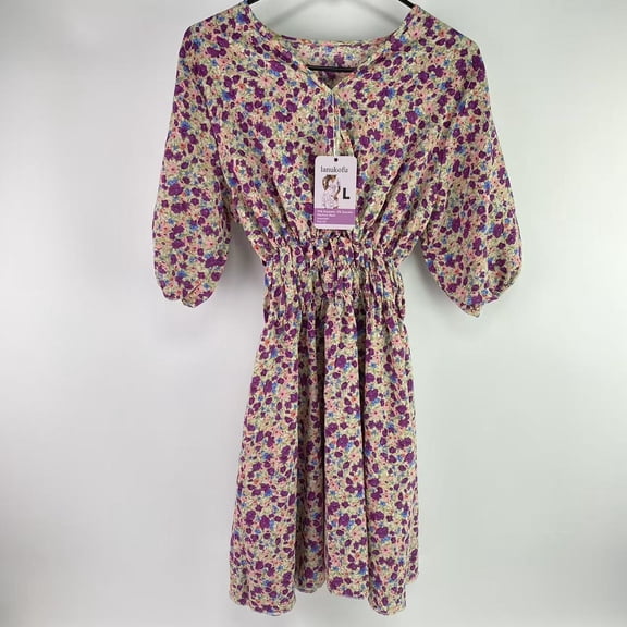 lanukofu Frocks,Womens Sundress Summer Floral Short Sleeve Wrap V Neck A-Line Midi Dress（L）