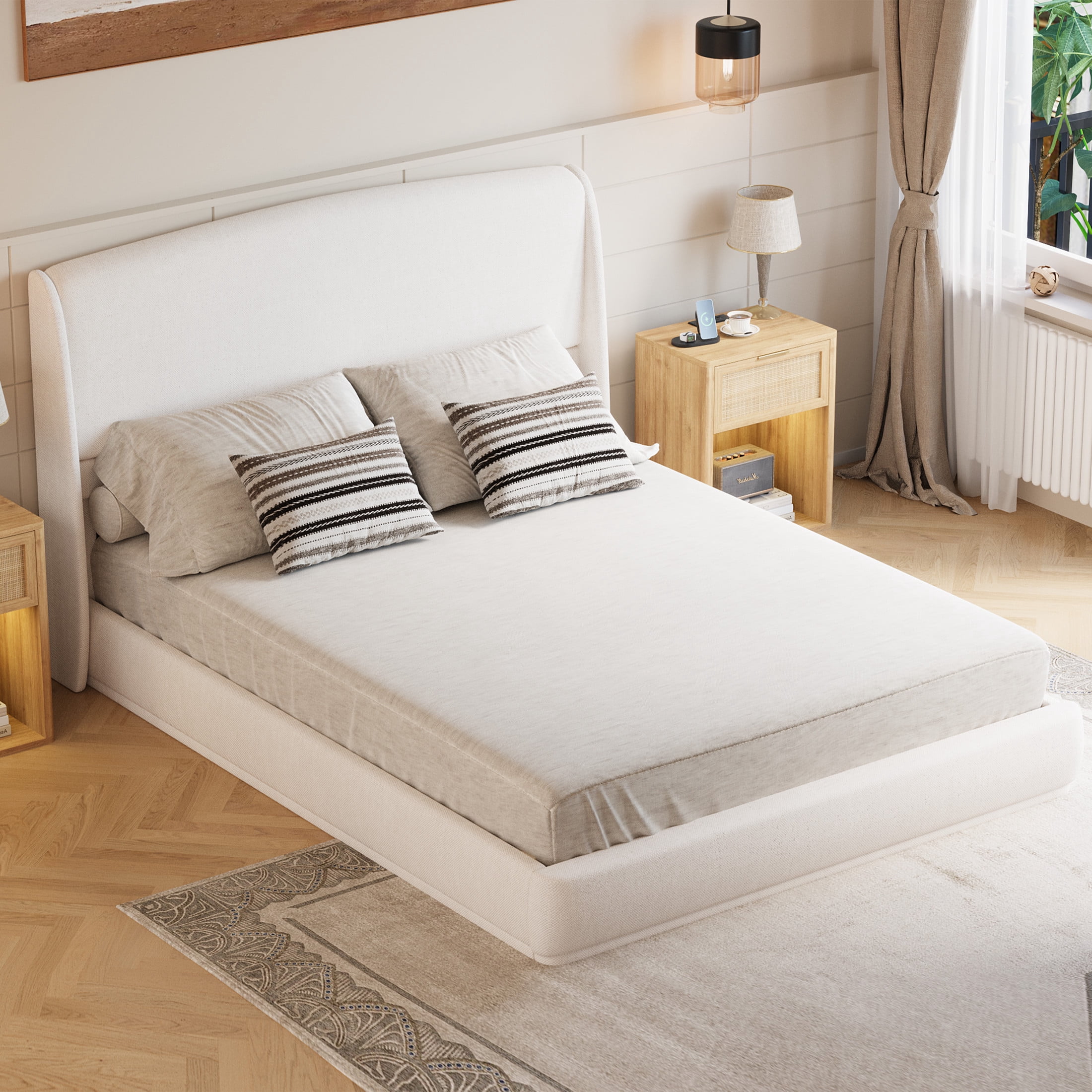 Noble House Queen Size Linen Upholstered Platform Bed with Wingback Headboard, Beige