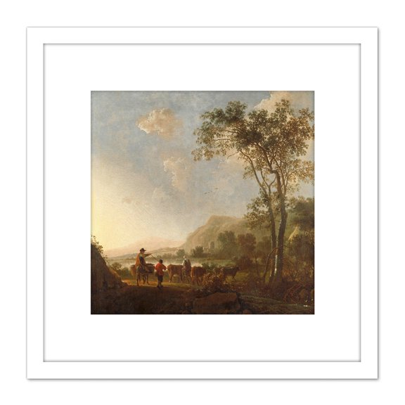 Aelbert Cuyp Landscape With Herdsmen And Cattle 8X8 Inch Square Wooden Framed Wall Art Print Picture with Mount