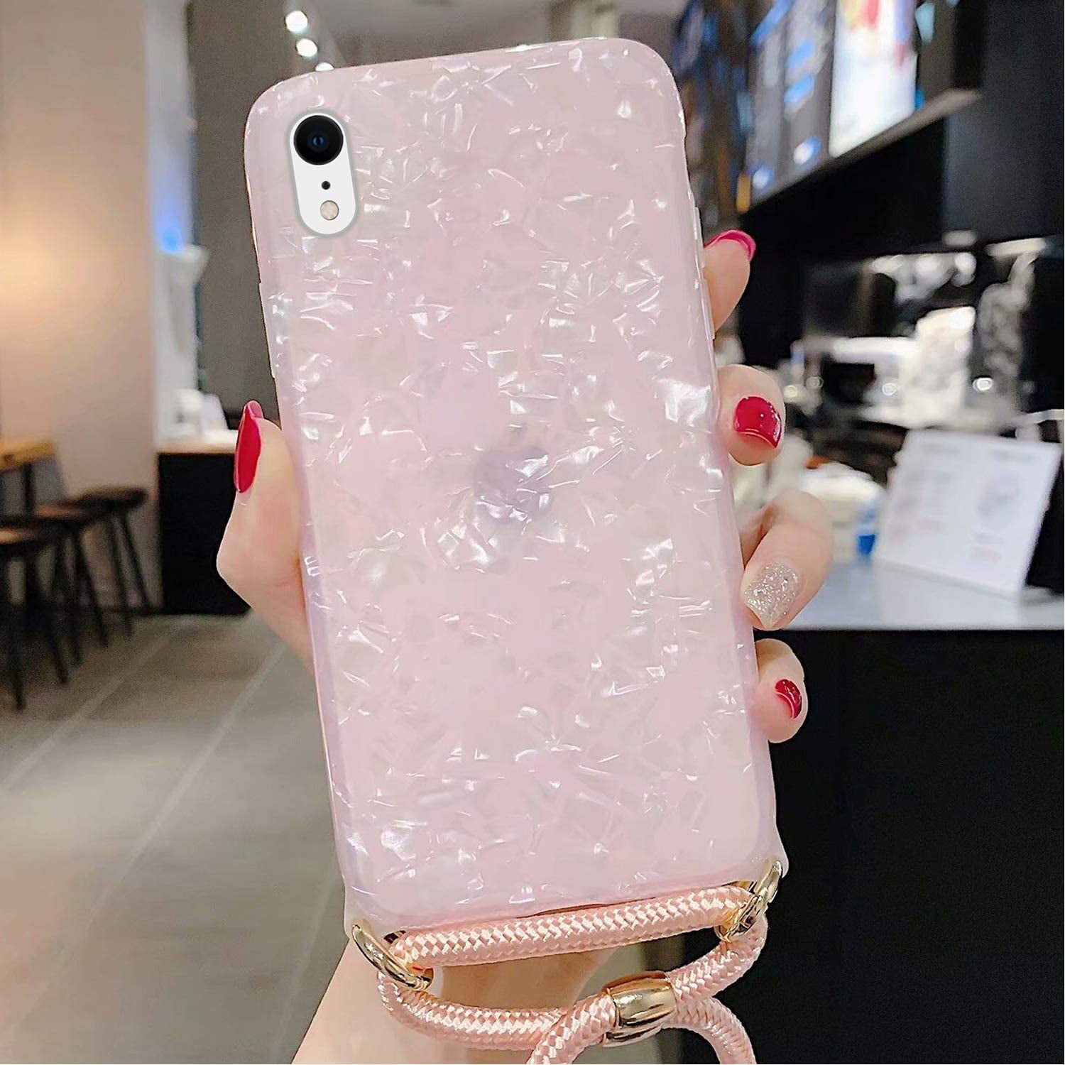 for iPhone XR Women Marble Case Luxury Bling Pearl Luster with Lanyard