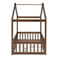 thumbnail image 5 of Twin Size Montessori Bed, Pine Wood House Bed Frame with Roof & Full-length Guard Rails, Play House Floor Bed for Boys, Girls, Teen, No Box Spring Needed, Walnut, 5 of 7