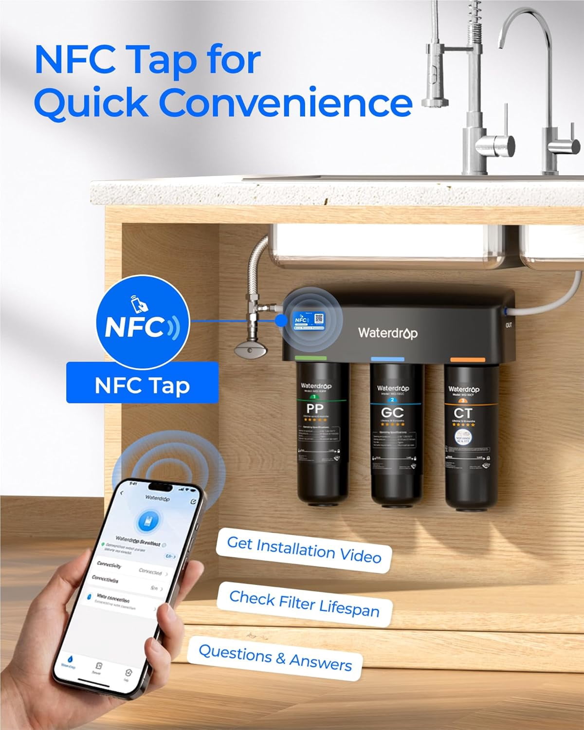 Restored Waterdrop TSB 8 Layer Under Sink Water Filter, Reduces PFAS, PFOA/PFOS, Fluoride, Chlorine, Bad Taste & Odor, with Dedicated Faucet, Under Sink Water Filtration System (Refurbished)