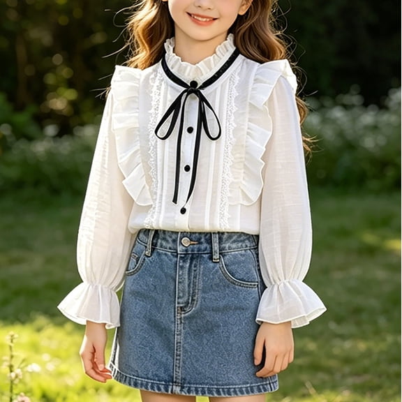 BRGZLK Back to School Shirts for Girls 2026 Autumn Cute Ruffle Trim Tie Neck Button Down Long Sleeve Blouse School Uniform Dress Tops White A 11-12 Years