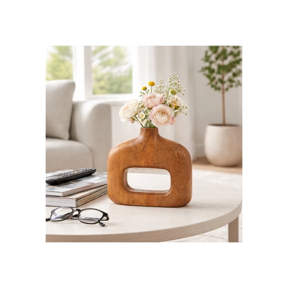 Rectangular Hollow Vase for Living Room Decor - Handcrafted Mango Wood Boho Home Decor Flower Vase for Table or Office Display - Open Cutout Display for Bedroom Vanity and House - 7", Brown