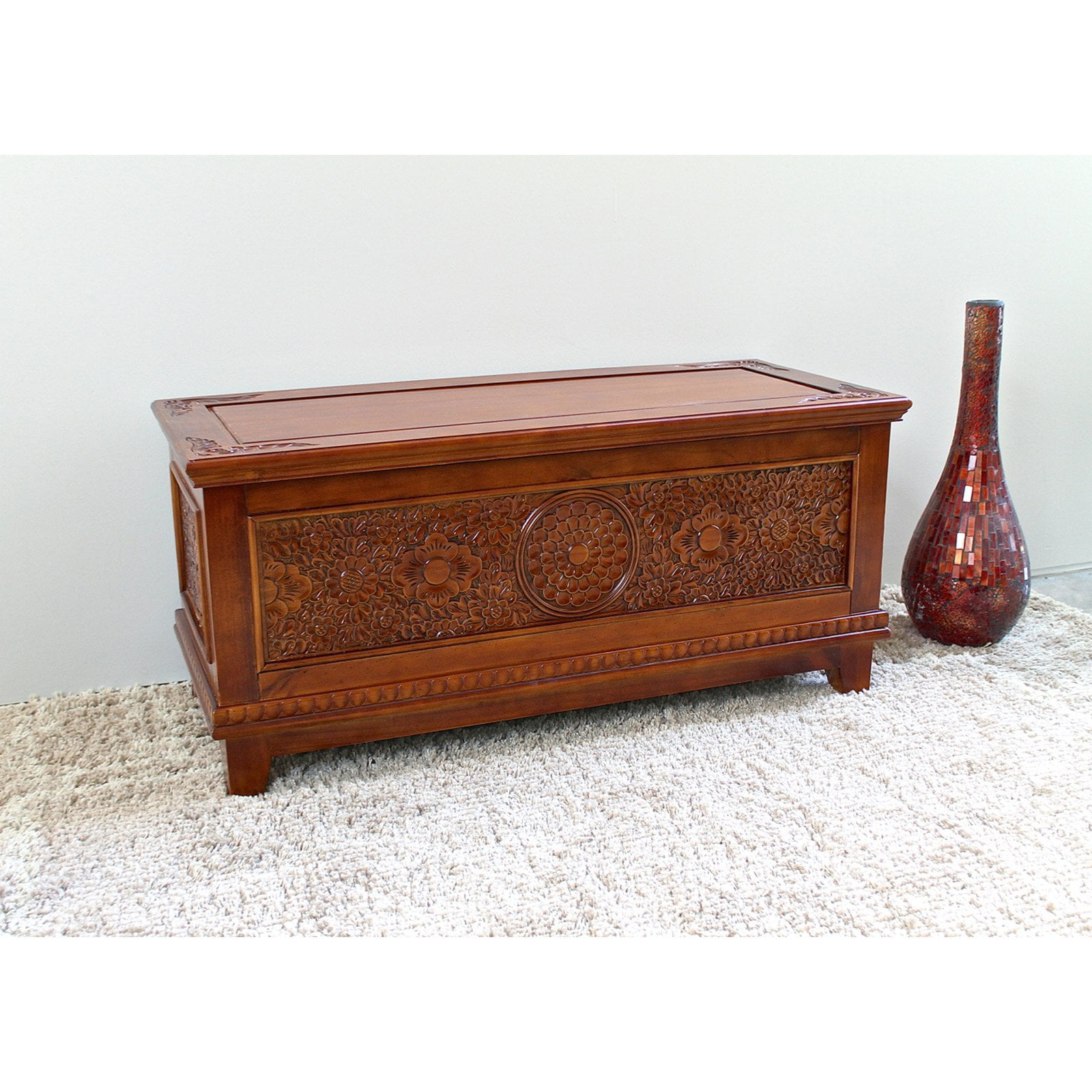 International Caravan Windsor Hand Walnut Stain Carved Storage Bench