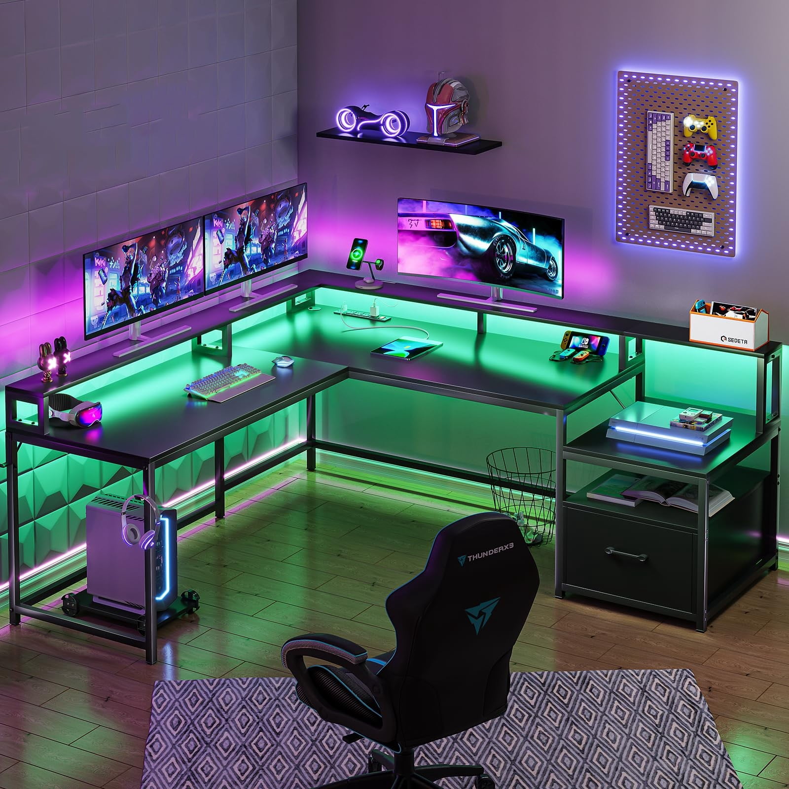 L Shaped Desk with Power Outlet and LED Lights, Computer Desk with File Drawer, Study Writing Desk Workstation for Home Office, Black