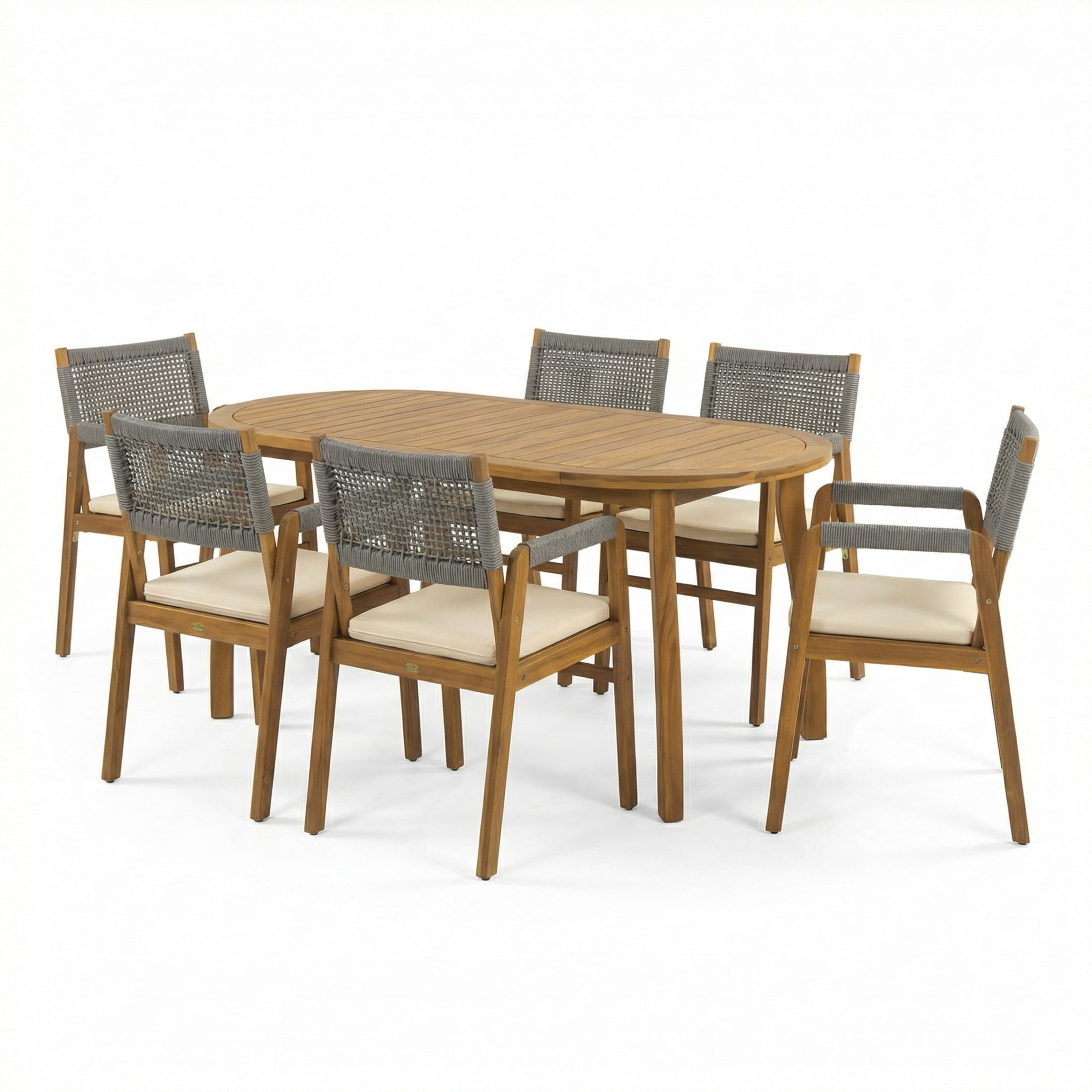 Christopher Knight Home 7-Piece Outdoor Dining Set with Oval Table & Rope Armchairs, Teak+Gray