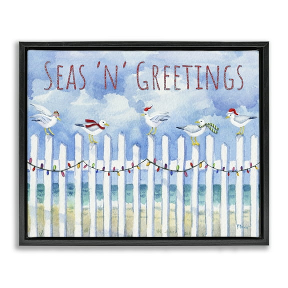 Stupell Industries Seas 'n' Greetings Seagulls Holiday Painting Black Floater Framed Canvas Art Print Wall Art, 21 x 17