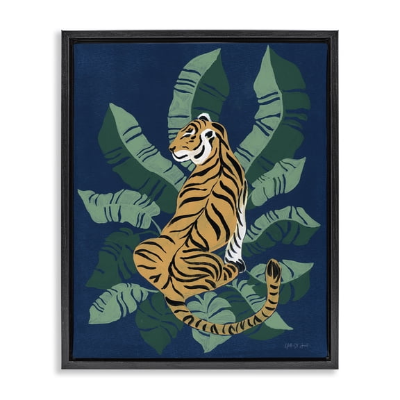 Stupell Industries Mid-Century Tiger Sitting over Palms Black Floating Frame Canvas Art, 17 x 21, by Yvette St. Amant