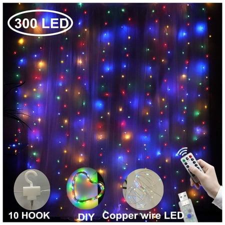 String Lights Indoors TSV 300LED Window Curtain String Light Wedding Party Home Garden Bedroom Outdoor Indoor Wall Decorations, 3x3m USB Remote Control 8 Lighting Modes Hanging String Lights ()