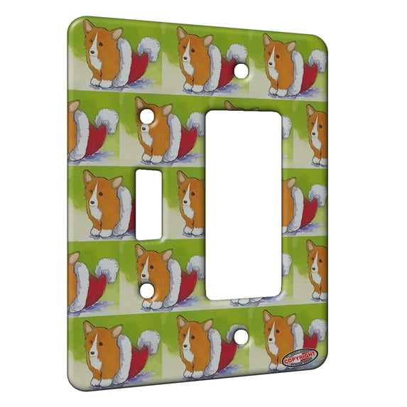 KuzmarK™ 2 Gang Single Toggle / Single Duplex Rocker Wall Plate - Welsh Corgi Puppy in Santa Hat Christmas Dog Modern Art by Denise Every