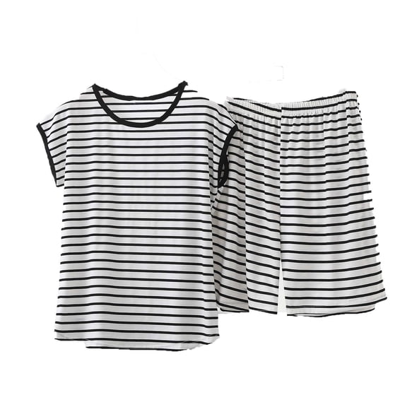 Two Piece Sets for Women Lounge Sets Stripes Round Neck Short Sleeve Topss and Shorts Casual Comfy Pullover Tracksuit Matching Sets Leisure Outfits Matching Loungewear