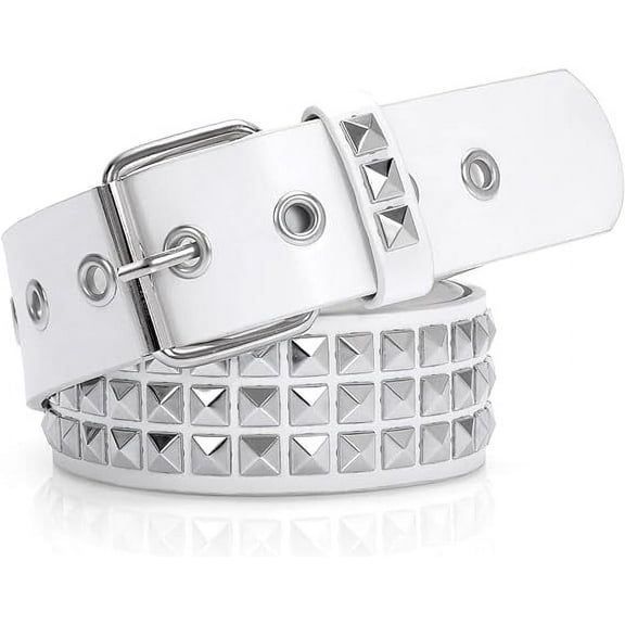 NAMZI Punk Leather Belt,Women Men Goth Pyramid Studded Square Beads Rivet Jeans Belts (White), One Size