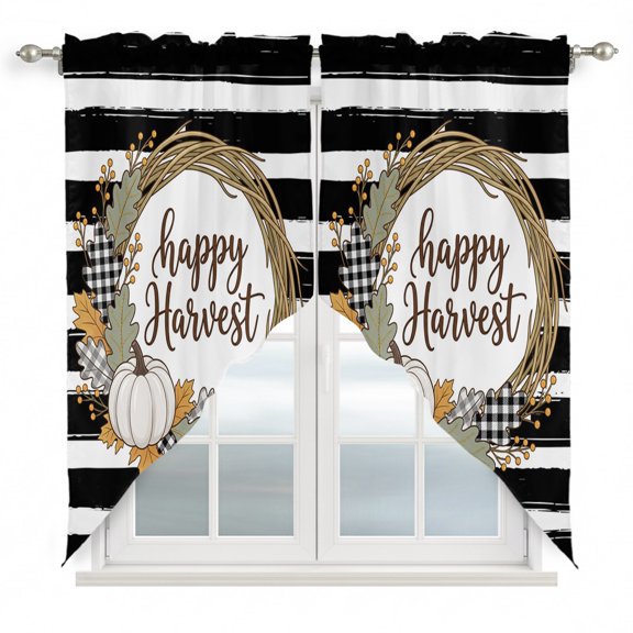 Thanksgiving Swag Valances for Windows, Kitchen Window Curtains Over Sink, Fall Harvest Pumpkins Maple Black Stripes Window Treatment Curtains for Living Room/Bedroom Curtains 2 Panel Sets 36"x45"