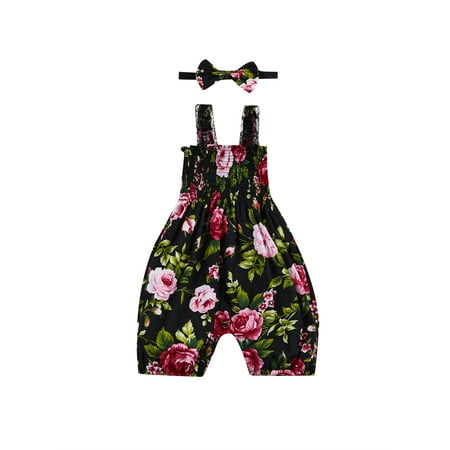 

Frobukio Infant Baby Girls Jumpsuit 2Pcs Clothes Printing Suspender Bloomers Cropped Trousers with Headband Black 3-6 Months