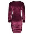 thumbnail image 6 of biudgviw Womens Dresses Velvet Comfy V Neck Long Sleeve Front Knot Cutout Mini Dress Fall Lounge Ruched Bodycon Dress, 6 of 7