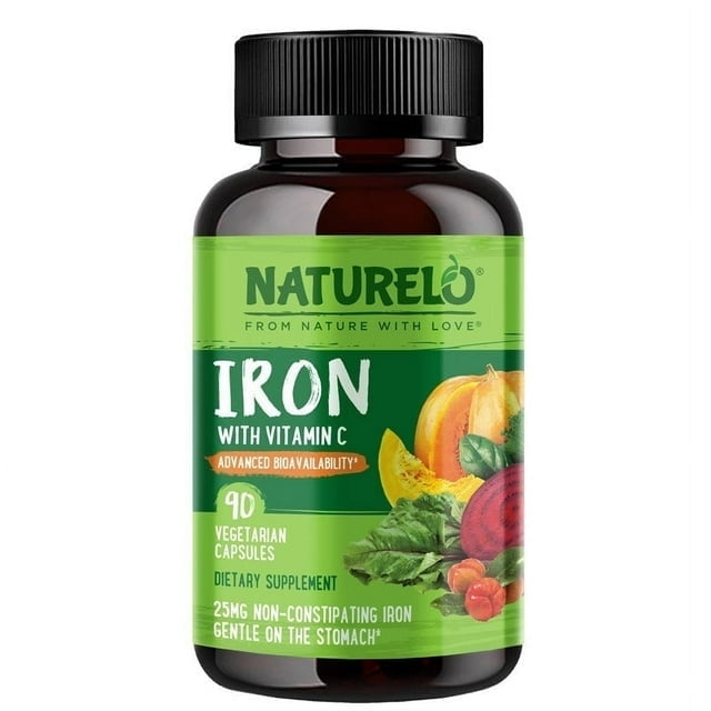 NATURELO Vegan Iron Supplement with Vitamin C and Organic Whole Foods - Gentle Iron Pills for Women & Men with Iron Deficiency Including Pregnancy, Anemia and Vegan Diets - 90 Mini Capsules