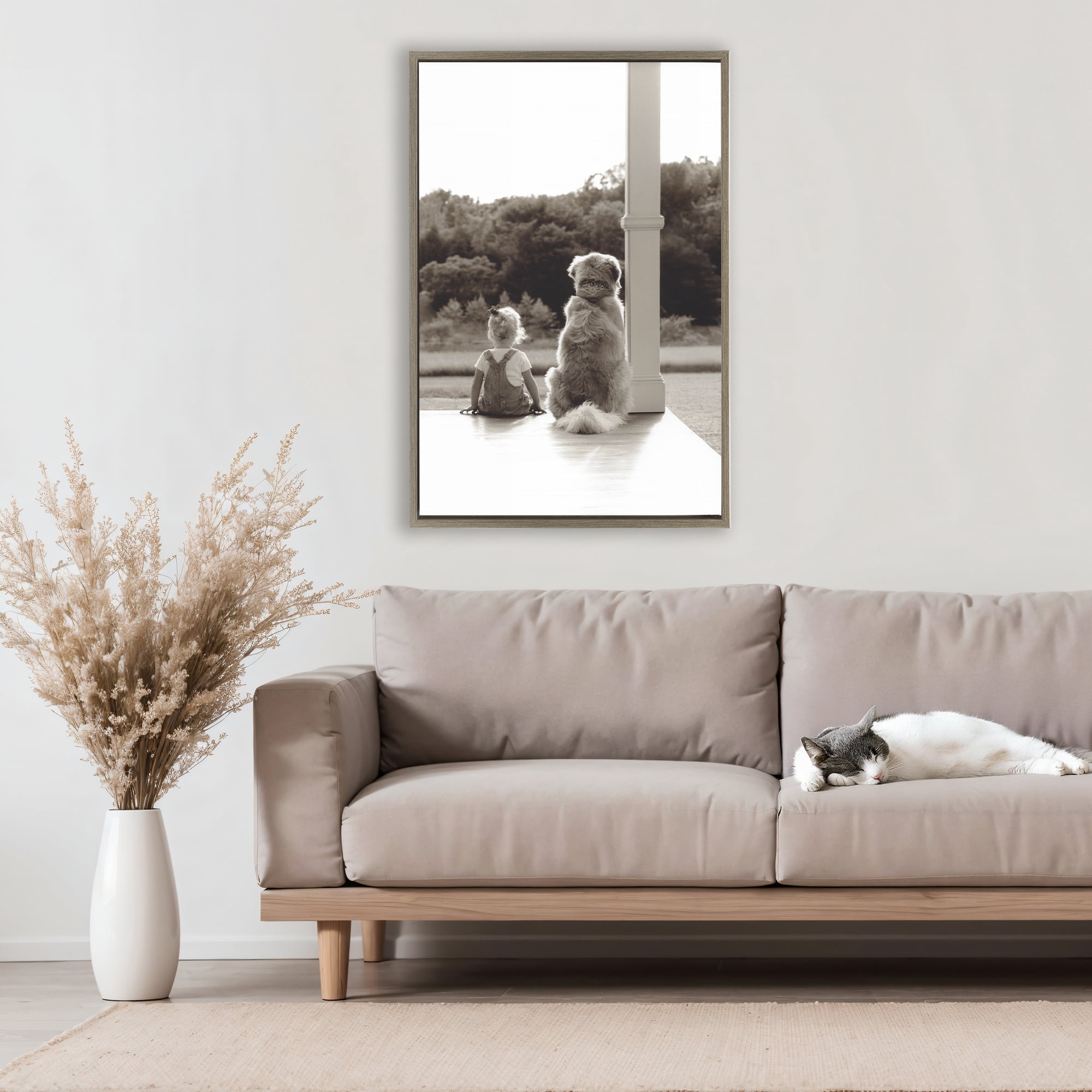 Stupell Industries Child And Dog Friendship Brown Framed Floater Canvas Wall Art, design by Kendra Dew