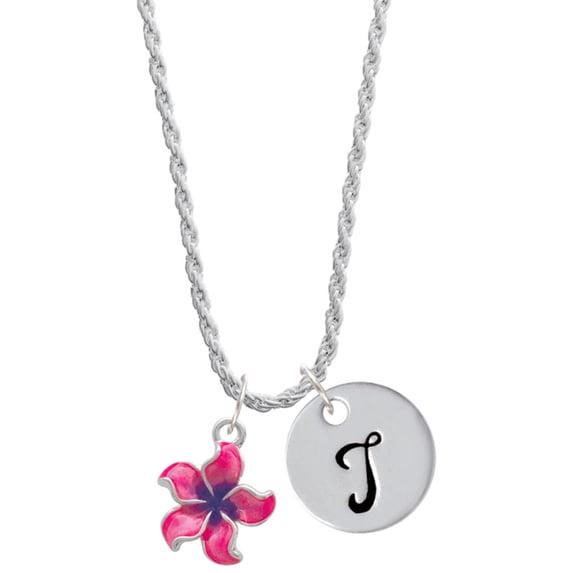 Delight Jewelry Silvertone Hot Pink and Purple Plumeria Flower Silvertone Script Initial Disc - T - Charm Necklace, 20"+3"