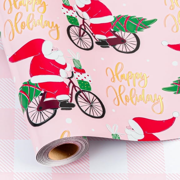 GRD Christmas Wrapping Paper, Pink Riding Santa, Happy Holiday Gold Foil Design Gift Wrapping Paper Suitable for Christmas, Mini Roll (17 Inch X 32.8 Feet)