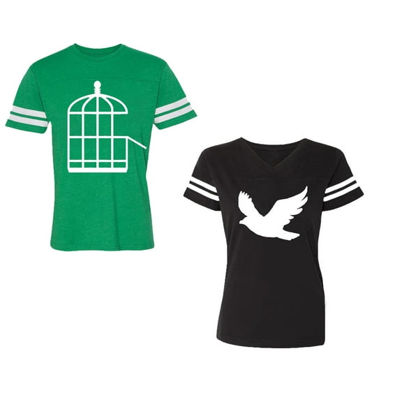 Bird CageUnisex Couple Matching Cotton Jersey style T-Shirt Contrasting stripes on sleeves (Men Green / Women Black) (Men S / Women S)