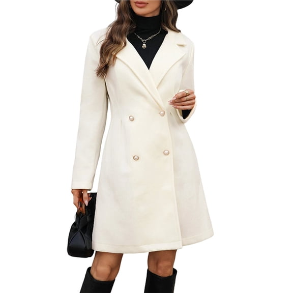 Women's Notched Lapel Double Breasted Wool Trench Coat Work Casual Mid Long Blazer Pea Coat Overcoat White L