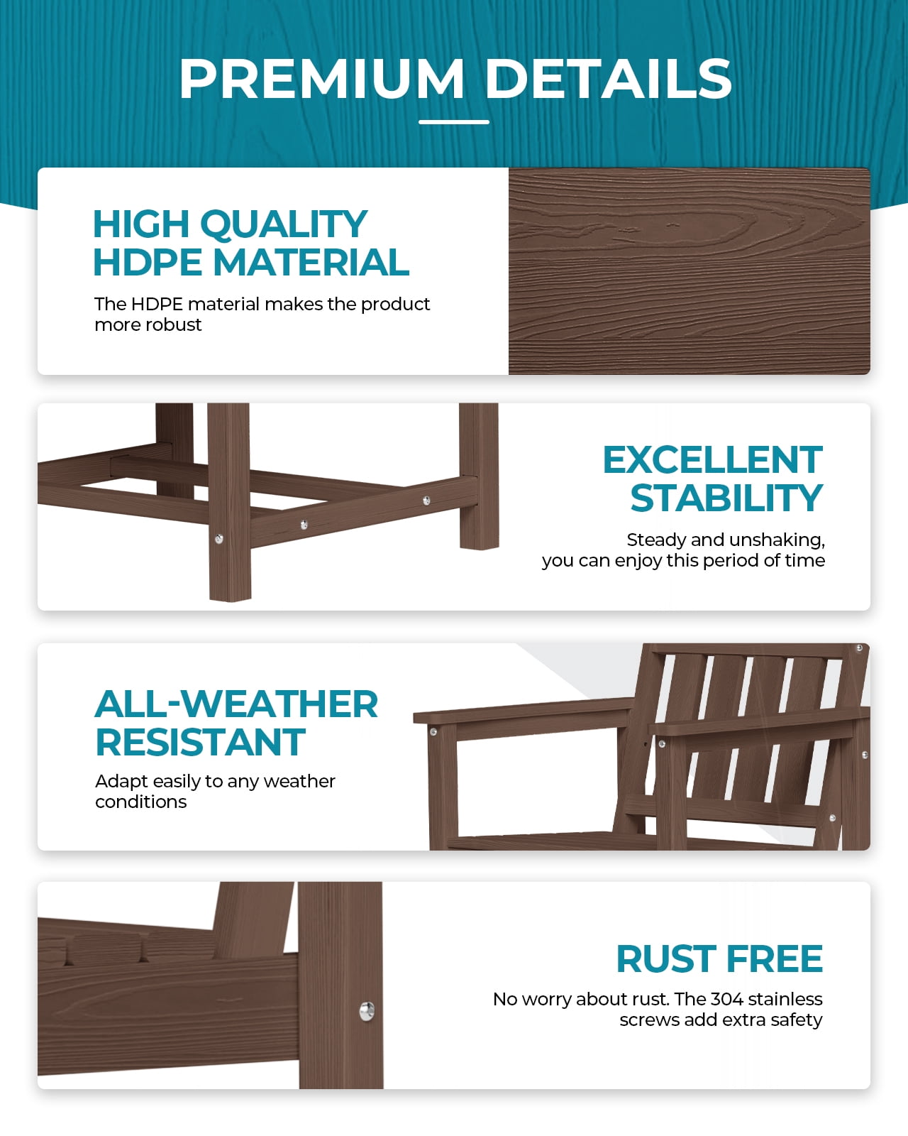 Harbweb 7pc HDPE Outdoor Dining Set, All-Weather Wood Grain Patio Furniture, Brown