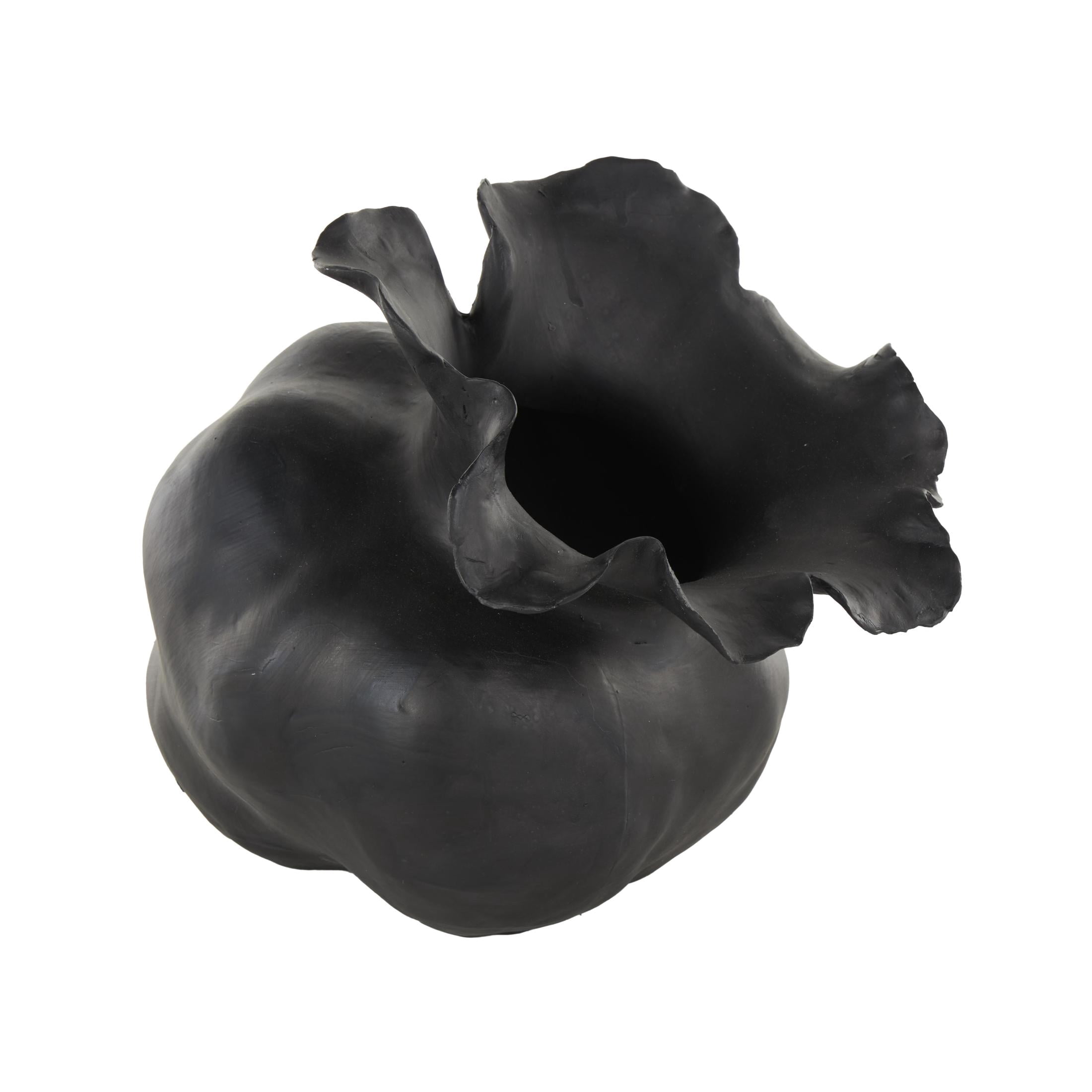 DecMode 9" Abstract Wide Rounded Floral Shaped Black Ceramic Vase with Petal Rim